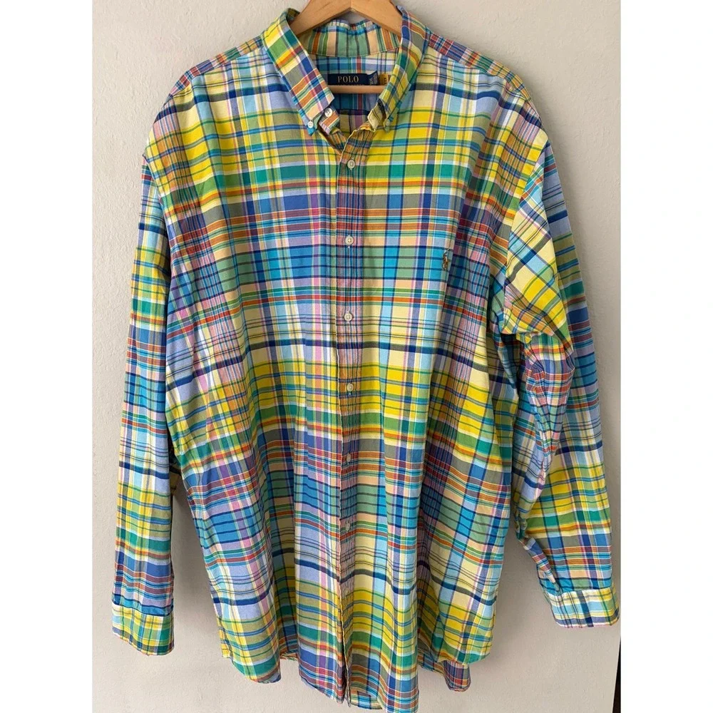 Polo Ralph Lauren Mens Plaid Button Down Shirt 3XLT Big & Tall Flesh Pony Multi